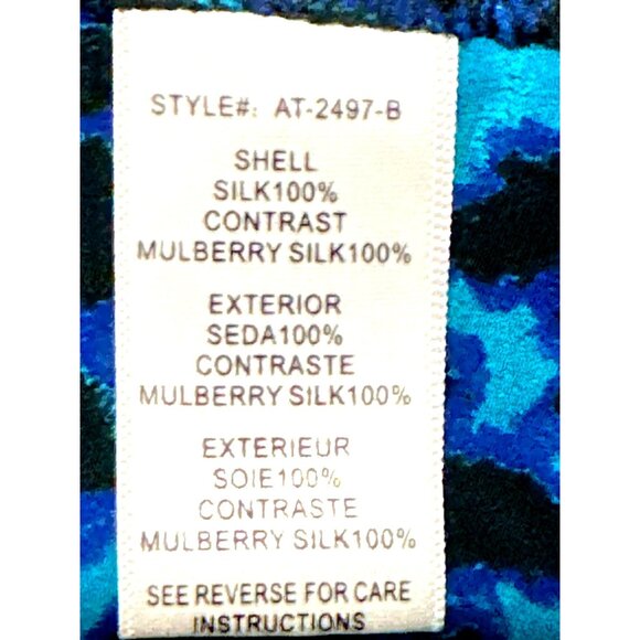 Arynk Large Blue Black Mulberry Silk Sheer Leopard Animal Print Blouse City Styl - Picture 9 of 11